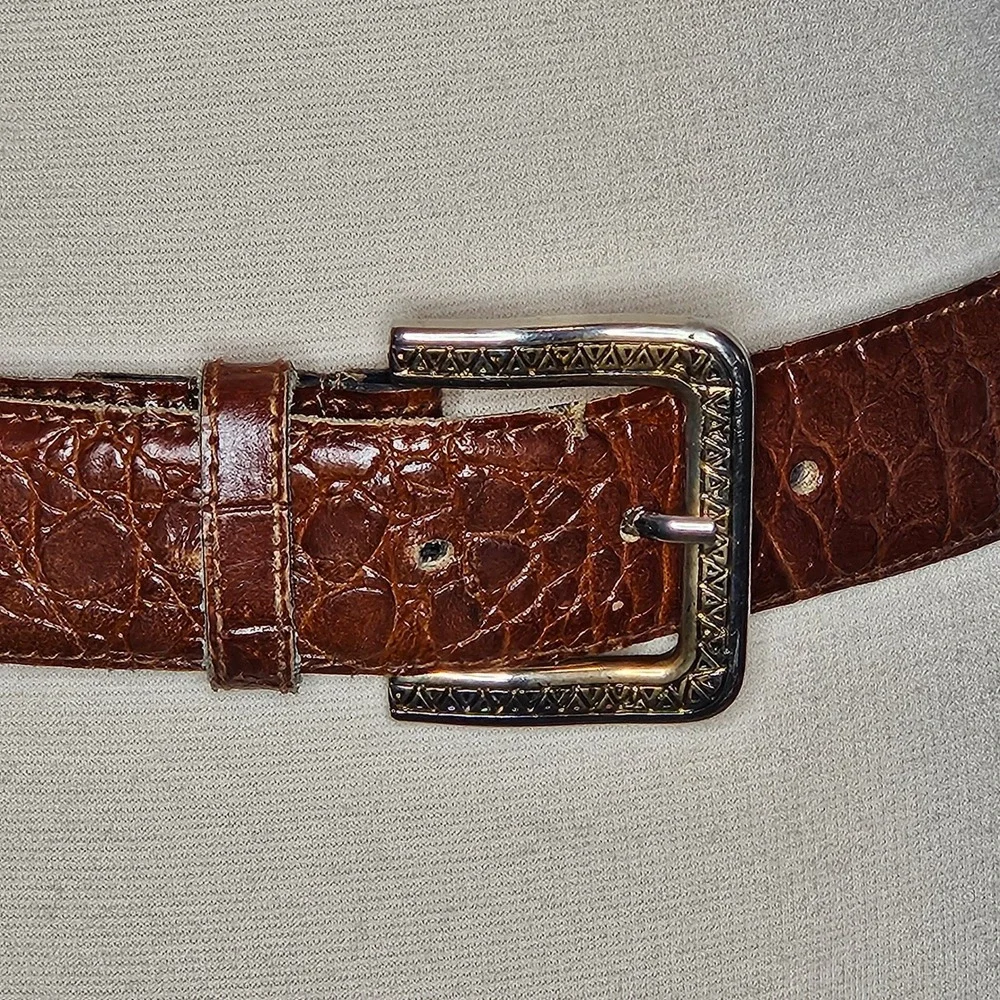 Axcess‎ Brown Crocodile Embossed Leather Belt Made in Italy Engraved Buckle M
